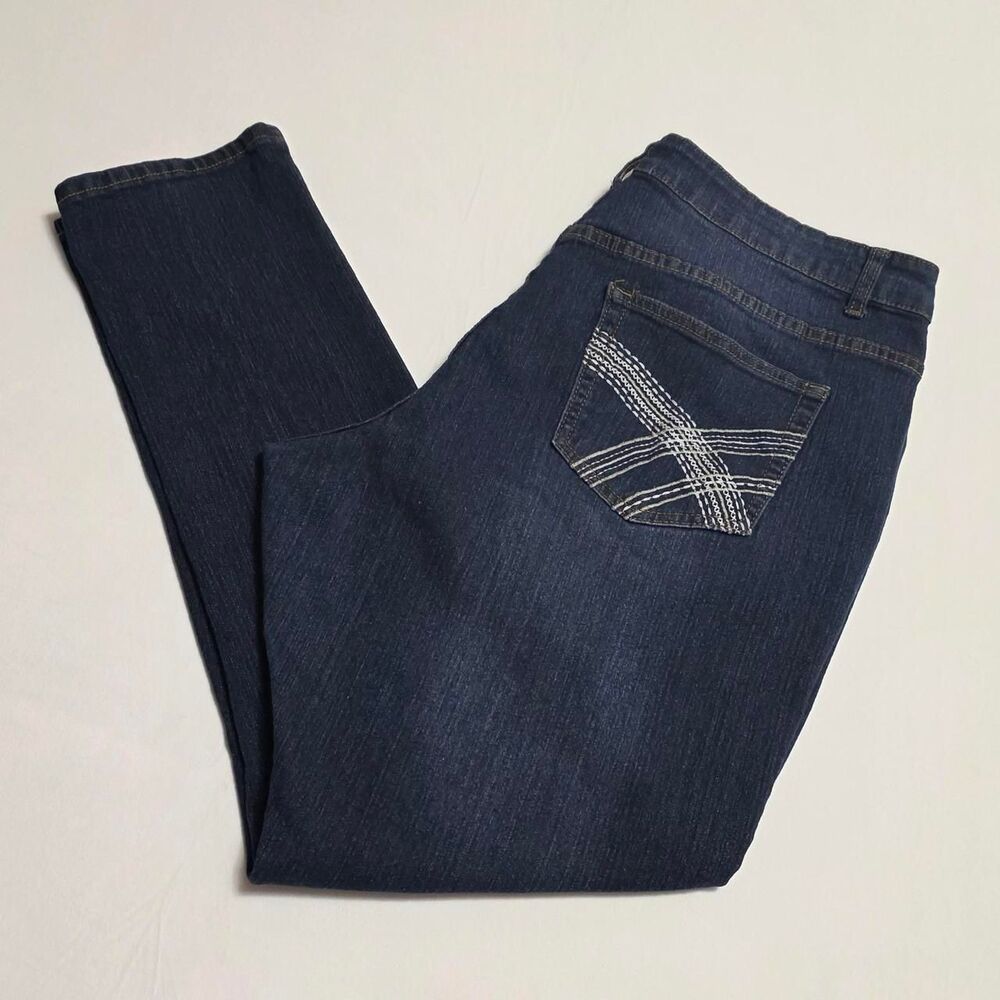 Cotton Farm straight leg jeans white cross-stitch embroidery on pocket size 18